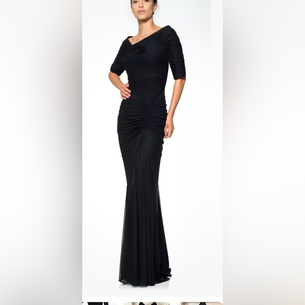 Tadashi Shoji Black DRAPED MESH Ball GOWN Ruched Sz S 3/4 Sleeve Authentic Long
